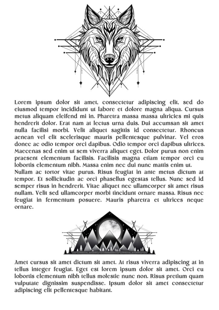 Book chapter header with a wolf and woods as a structure element of an ebook
